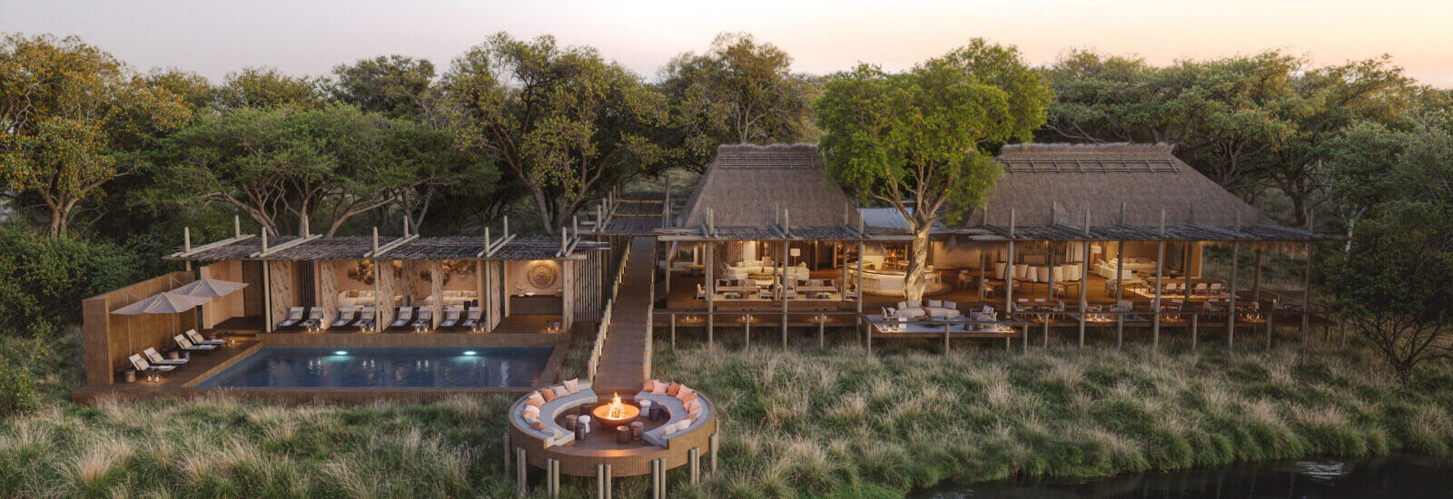 Luxury safari lodge overlooking water in Botswana